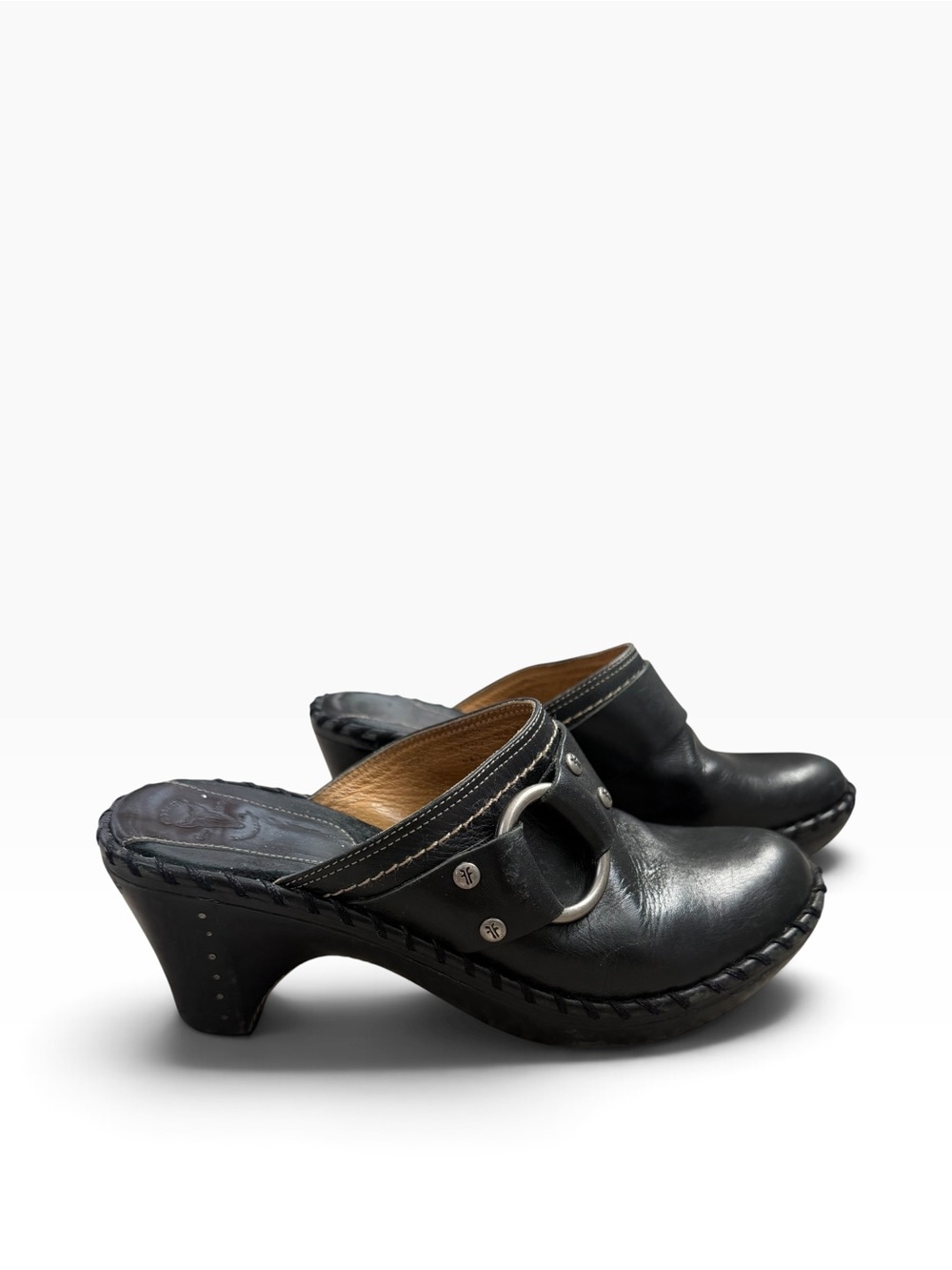 Vintage FRYE Charlotte ring harness leather wedge clogs mules size 7.5
